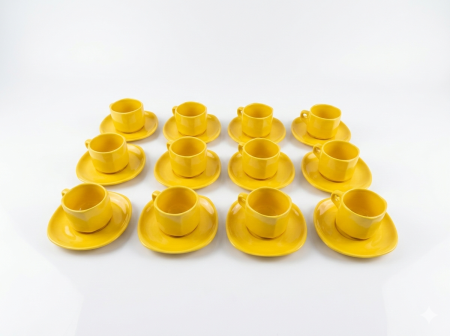 Cani si cesti - Set 12 cesti espresso cu farfurioara, ceramica galbena, 100 ml