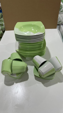 Serviciu de masa complet 30 piese, pentru 6 persoane, Portelan, Design Modern Alb/Verde, Farfurii Intinse, Adanci, Desert si Set Cesti cu Farfuriute [5]