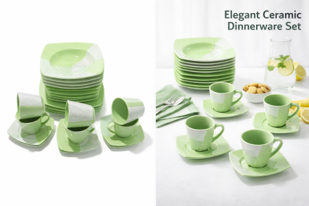 Lichidare Stoc - Serviciu de masa complet 30 piese, pentru 6 persoane, Portelan, Design Modern Alb/Verde, Farfurii Intinse, Adanci, Desert si Set Cesti cu Farfuriute