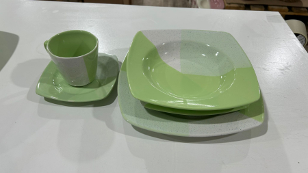 Serviciu de masa complet 30 piese, pentru 6 persoane, Portelan, Design Modern Alb/Verde, Farfurii Intinse, Adanci, Desert si Set Cesti cu Farfuriute [4]