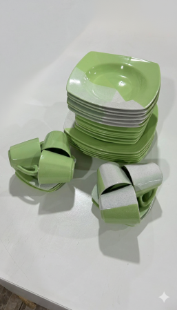 Serviciu de masa complet 30 piese, pentru 6 persoane, Portelan, Design Modern Alb/Verde, Farfurii Intinse, Adanci, Desert si Set Cesti cu Farfuriute [2]