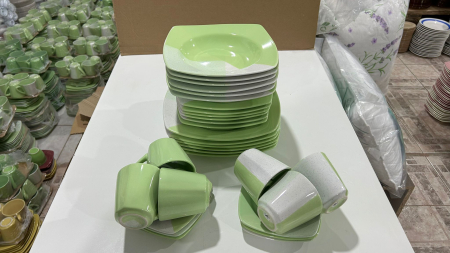 Serviciu de masa complet 30 piese, pentru 6 persoane, Portelan, Design Modern Alb/Verde, Farfurii Intinse, Adanci, Desert si Set Cesti cu Farfuriute [6]