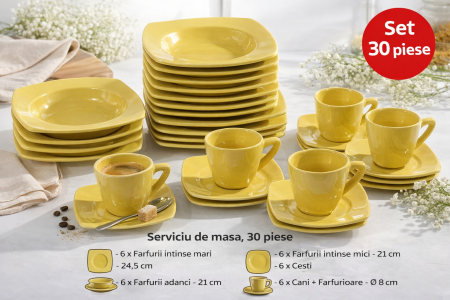 Lichidare Stoc - Serviciu de masa complet 30 piese, pentru 6 persoane, Portelan, Design Modern Galben, Farfurii Intinse, Adanci, Desert si Set Cesti cu Farfuriute