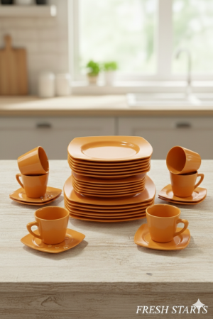 Serviciu de masa complet 30 piese, pentru 6 persoane, Portelan, Design Modern portocaliu, Farfurii Intinse, Adanci, Desert si Set Cesti cu Farfuriute [1]