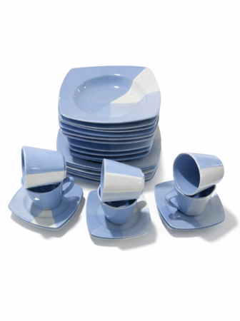 Cani si cesti - Serviciu de masa complet 30 piese, pentru 6 persoane, Portelan, Design Modern albastru-alb, Farfurii Intinse, Adanci, Desert si Set Cesti cu Farfuriute