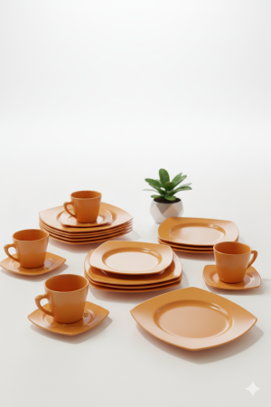 Lichidare Stoc - Serviciu de masa complet 30 piese, pentru 6 persoane, Portelan, Design Modern portocaliu, Farfurii Intinse, Adanci, Desert si Set Cesti cu Farfuriute