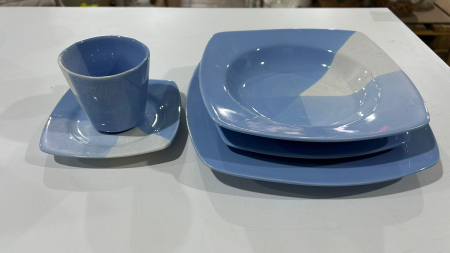 Serviciu de masa complet 30 piese, pentru 6 persoane, Portelan, Design Modern albastru-alb, Farfurii Intinse, Adanci, Desert si Set Cesti cu Farfuriute - Copie [6]