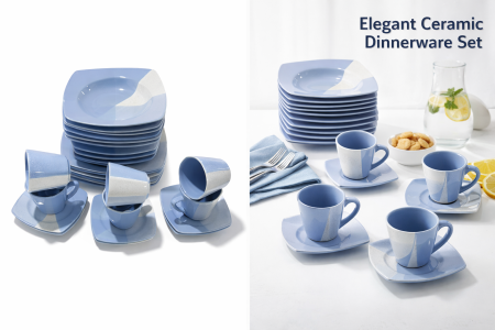 Cani si cesti - Serviciu de masa complet 30 piese, pentru 6 persoane, Portelan, Design Modern albastru-alb, Farfurii Intinse, Adanci, Desert si Set Cesti cu Farfuriute - Copie