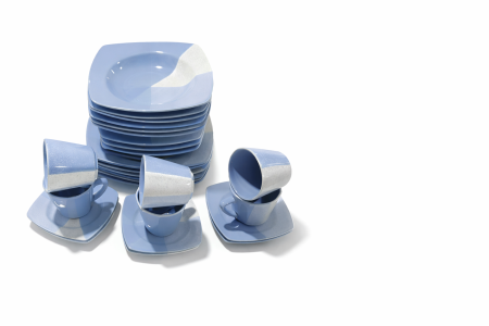 Serviciu de masa complet 30 piese, pentru 6 persoane, Portelan, Design Modern albastru-alb, Farfurii Intinse, Adanci, Desert si Set Cesti cu Farfuriute - Copie [3]