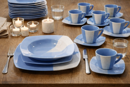 Serviciu de masa complet 30 piese, pentru 6 persoane, Portelan, Design Modern albastru-alb, Farfurii Intinse, Adanci, Desert si Set Cesti cu Farfuriute - Copie [2]