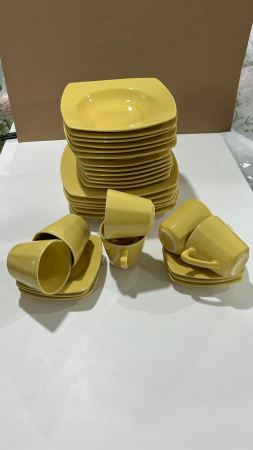 Serviciu de masa complet 30 piese, pentru 6 persoane, Portelan, Design Modern Galben, Farfurii Intinse, Adanci, Desert si Set Cesti cu Farfuriute [2]