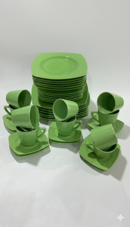 Serviciu de masa complet 30 piese, pentru 6 persoane, Portelan, Design Modern Verde, Farfurii Intinse, Adanci, Desert si Set Cesti cu Farfuriute [1]