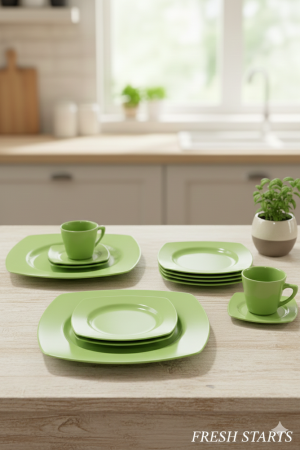 Serviciu de masa complet 30 piese, pentru 6 persoane, Portelan, Design Modern Verde, Farfurii Intinse, Adanci, Desert si Set Cesti cu Farfuriute [3]