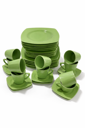 Cani si cesti - Serviciu de masa complet 30 piese, pentru 6 persoane, Portelan, Design Modern Verde, Farfurii Intinse, Adanci, Desert si Set Cesti cu Farfuriute