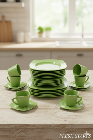 Cani si cesti - Serviciu de masa complet 30 piese, pentru 6 persoane, Portelan, Design Modern Verde, Farfurii Intinse, Adanci, Desert si Set Cesti cu Farfuriute