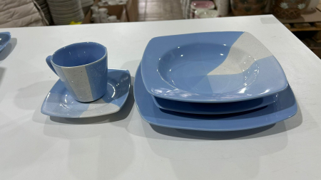 Serviciu de masa complet 30 piese, pentru 6 persoane, Portelan, Design Modern albastru-alb, Farfurii Intinse, Adanci, Desert si Set Cesti cu Farfuriute [10]