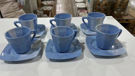 Serviciu de masa complet 30 piese, pentru 6 persoane, Portelan, Design Modern albastru-alb, Farfurii Intinse, Adanci, Desert si Set Cesti cu Farfuriute [4]