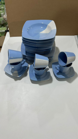 Serviciu de masa complet 30 piese, pentru 6 persoane, Portelan, Design Modern albastru-alb, Farfurii Intinse, Adanci, Desert si Set Cesti cu Farfuriute [3]