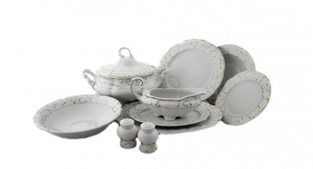 Servicii de masa - Serviciu masa portelan, VIVIEN decor ARGINT, 12 persoane, 44 piese - VAM 44
