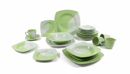 Serviciu de masa complet 30 piese, pentru 6 persoane, Portelan, Design Modern Alb/Verde, Farfurii Intinse, Adanci, Desert si Set Cesti cu Farfuriute [1]