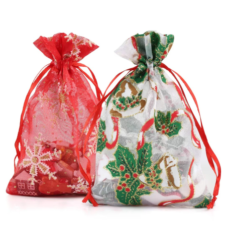 Rechizite si papetarie - Set 20 pungi cadou din organza Naler, cu imprimeu de Craciun, 10 x 15 cm, saculeti decorativi pentru bijuterii, dulciuri, mici cadouri si decoratiuni festive