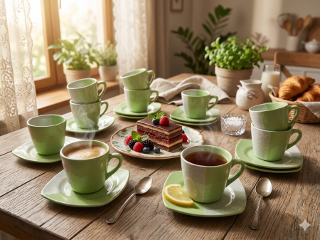 Set 24 piese, cesti cafea cu farfurioare, ceramica, model modern verde, set complet ceai/cafea [2]