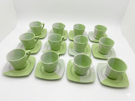 Set 24 piese, cesti cafea cu farfurioare, ceramica, model modern verde, set complet ceai/cafea [1]