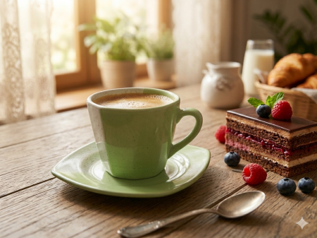 Cani si cesti - Set 24 piese, cesti cafea cu farfurioare, ceramica, model modern verde, set complet ceai/cafea