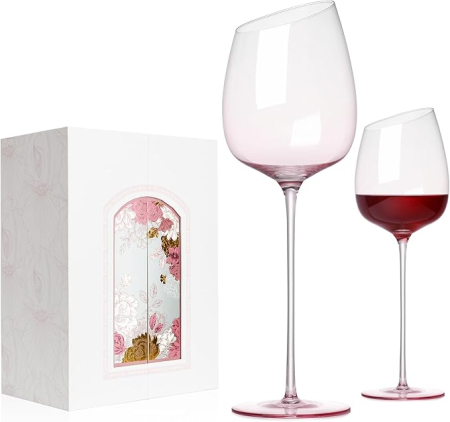 Vesela unica folosinta - Set 2 pahare vin rosu NUTRIUPS 500 ml, cristal fara plumb, roz, picior lung, lucrate manual, cutie cadou