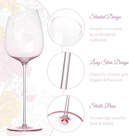 Set 2 pahare vin rosu NUTRIUPS 500 ml, cristal fara plumb, roz, picior lung, lucrate manual, cutie cadou [3]