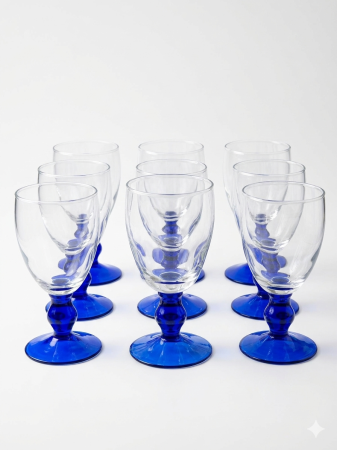 Vesela unica folosinta - Set 9 pahare cu picior 400 ml, sticla transparenta cu baza albastra, pentru vin, cocktailuri si desert, elegante, reutilizabile