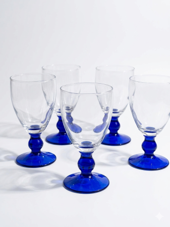 Set 9 pahare cu picior 400 ml, sticla transparenta cu baza albastra, pentru vin, cocktailuri si desert, elegante, reutilizabile [4]