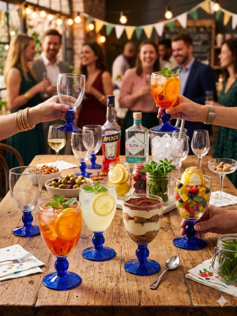 Set 9 pahare cu picior 400 ml, sticla transparenta cu baza albastra, pentru vin, cocktailuri si desert, elegante, reutilizabile [2]