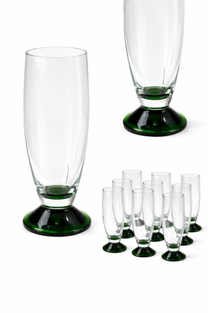 Vesela unica folosinta - Set 12 pahare apa/suc 250 ml, sticla transparenta cu picior verde smarald.