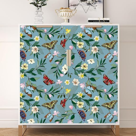 Tapet decorativ cu fluturi si flori albastre, vintage, autoadeziv, lavabil, detasabil, 44.5 cm x 300 cm [7]