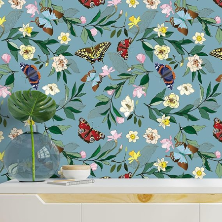 Tapet decorativ cu fluturi si flori albastre, vintage, autoadeziv, lavabil, detasabil, 44.5 cm x 300 cm [2]