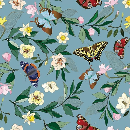 Accesorii pentru gradina - Tapet decorativ cu fluturi si flori albastre, vintage, autoadeziv, lavabil, detasabil, 44.5 cm x 300 cm