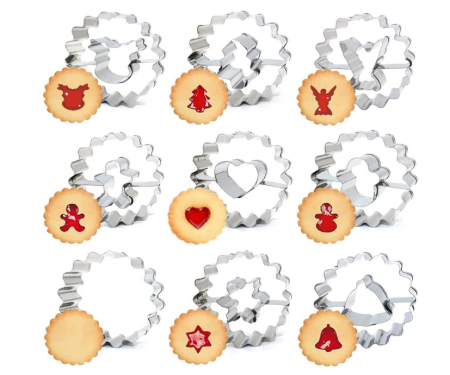 Forme prajituri - Set 9 decupătoare Linzer Crăciun – inox alimentar, modele tradiționale (Moș, fulg, brad etc.)
