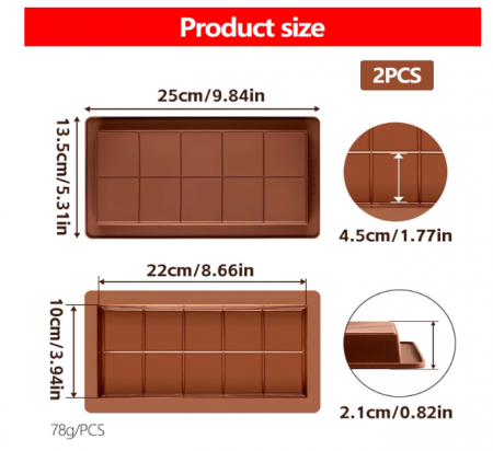 Set 2 forme silicon tablete de ciocolata – anti‑aderent, alimentare, rezistente la căldură (-40 °C până la +230 °C) [1]