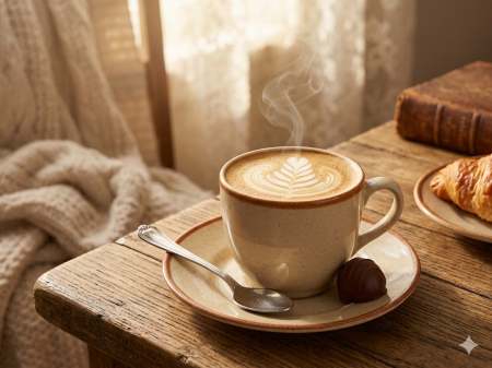 Cani si cesti - Set 24 piese, cesti cafea 200 ml cu farfurioare 15 cm, ceramica, crem cu margine maro, design clasic elegant