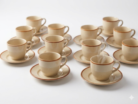 Set 24 piese, cesti cafea 200 ml cu farfurioare 15 cm, ceramica, crem cu margine maro, design clasic elegant [2]