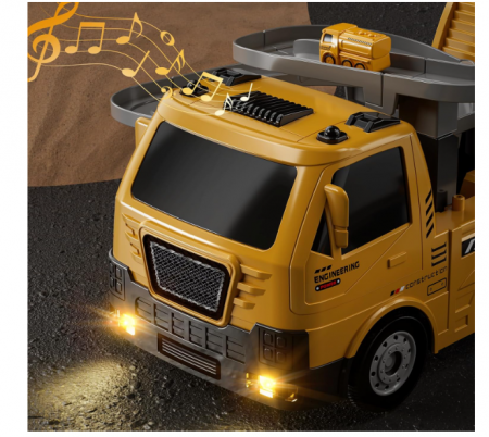 Camion construcții 5‑în‑1 cu vehicule demontabile – transportor + 4 mașini (buldozer, excavator, mixer, macara), roți & sunete [2]