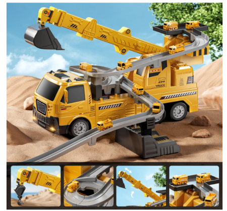 Camion construcții 5‑în‑1 cu vehicule demontabile – transportor + 4 mașini (buldozer, excavator, mixer, macara), roți & sunete [6]