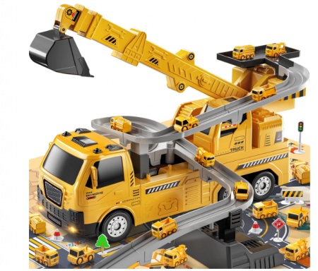 Camion construcții 5‑în‑1 cu vehicule demontabile – transportor + 4 mașini (buldozer, excavator, mixer, macara), roți & sunete [8]