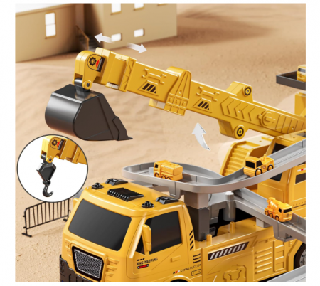 Camion construcții 5‑în‑1 cu vehicule demontabile – transportor + 4 mașini (buldozer, excavator, mixer, macara), roți & sunete [7]