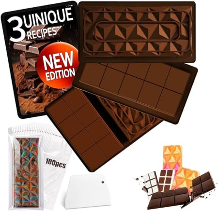 Forme prajituri - Set 3 forme ciocolata silicon, ciocolata Dubai, cu spatula si 100 pungi plastic, antiaderente, pentru praline, batoane si dulciuri