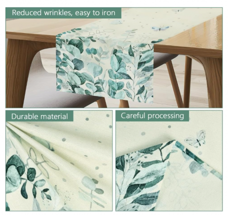 Napron de masă "Butterfly Eucalyptus" 40×140 cm – decor aniversar primăvară-vară, imprimeu plante și fluturi, pentru interior/exterior [3]