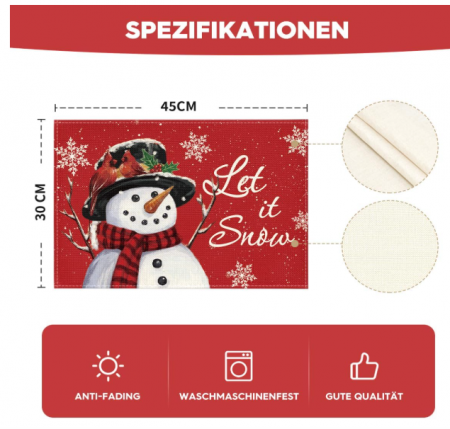 Set 4 feţe de masă „Snowman” 30×45 cm, poliester 100 %, anti-şifonare, lavabile, décor Crăciun [5]