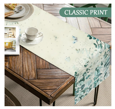 Napron de masă "Butterfly Eucalyptus" 40×140 cm – decor aniversar primăvară-vară, imprimeu plante și fluturi, pentru interior/exterior [4]
