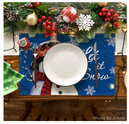 Set 4 feţe de masă „Snowman” 30×45 cm, poliester 100 %, anti-şifonare, lavabile, décor Crăciun - albastru [1]